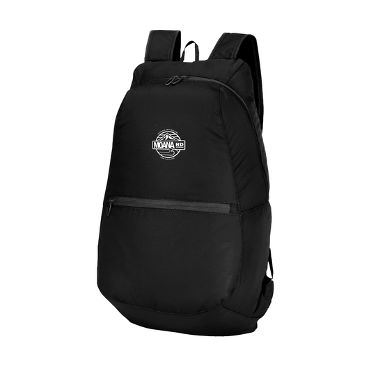 Lightweight black backpack with front pocket and Moana RD logo in white.