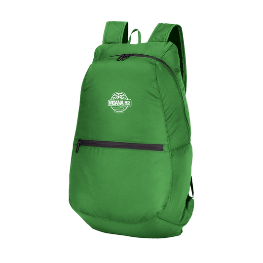 Lightweight Olive green backpack with front zip pocket and white Moana RD logo.