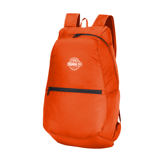 Lightweight orange backpack with front zip pocket and white Moana RD logo.