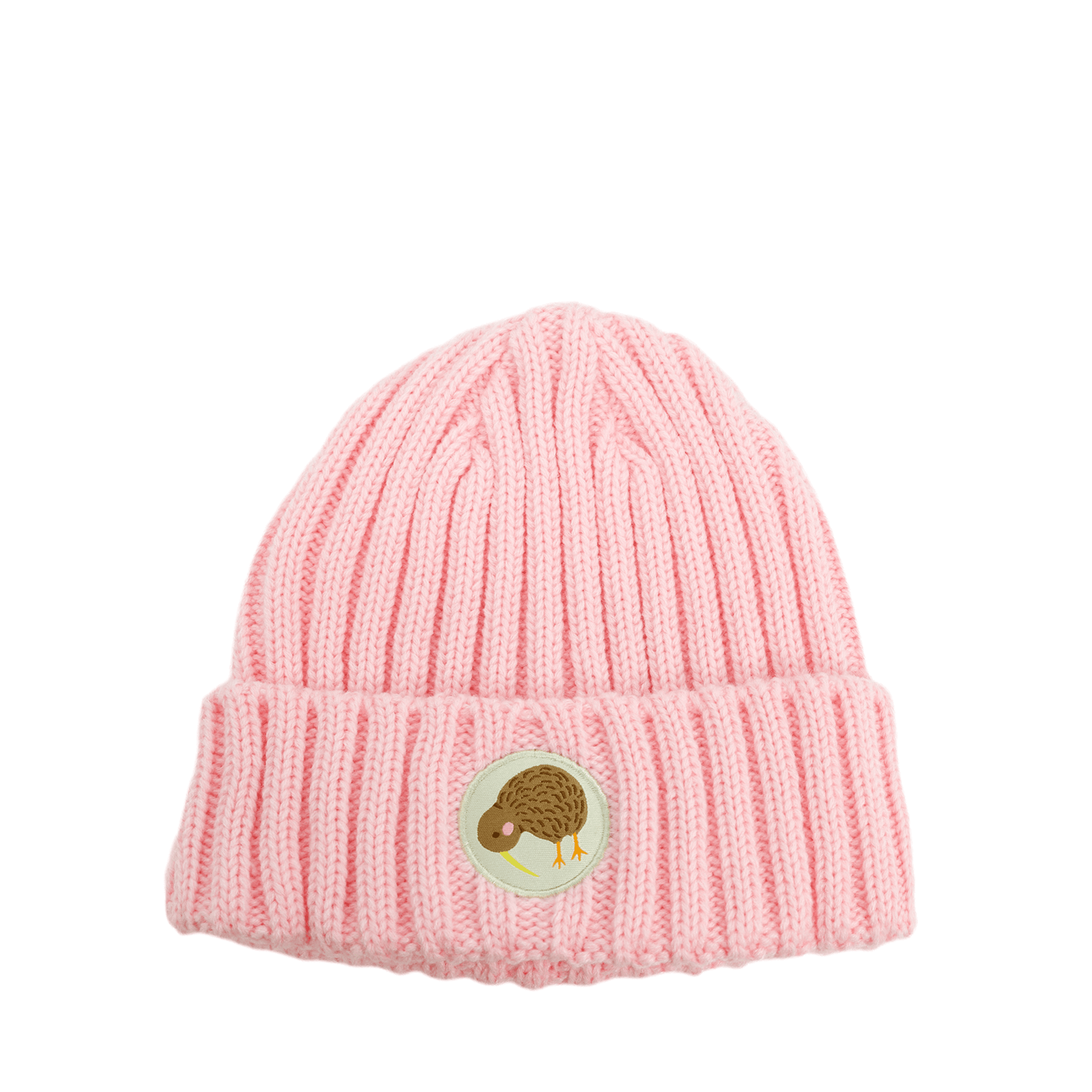 Kids pink knit beanie with Kiwi emblem on the front.