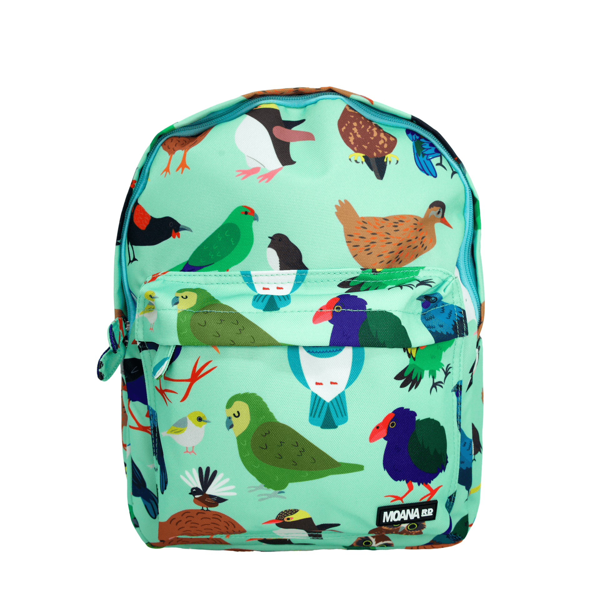 Minty green backpack covered in bright prints of New Zealand birds.