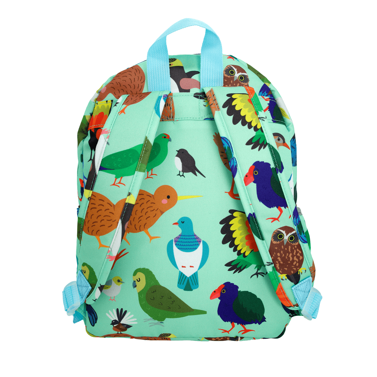 Back featuring the straps of a Minty green backpack covered in bright prints of New Zealand birds.