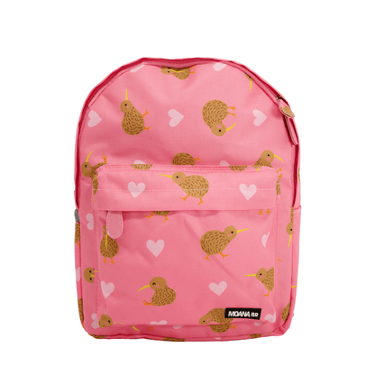 Pink kids backpack with lighter pink hearts and brown kiwi birds print.