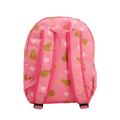 Back featuring the straps of a pink kids backpack with lighter pink hearts and brown kiwi birds print.