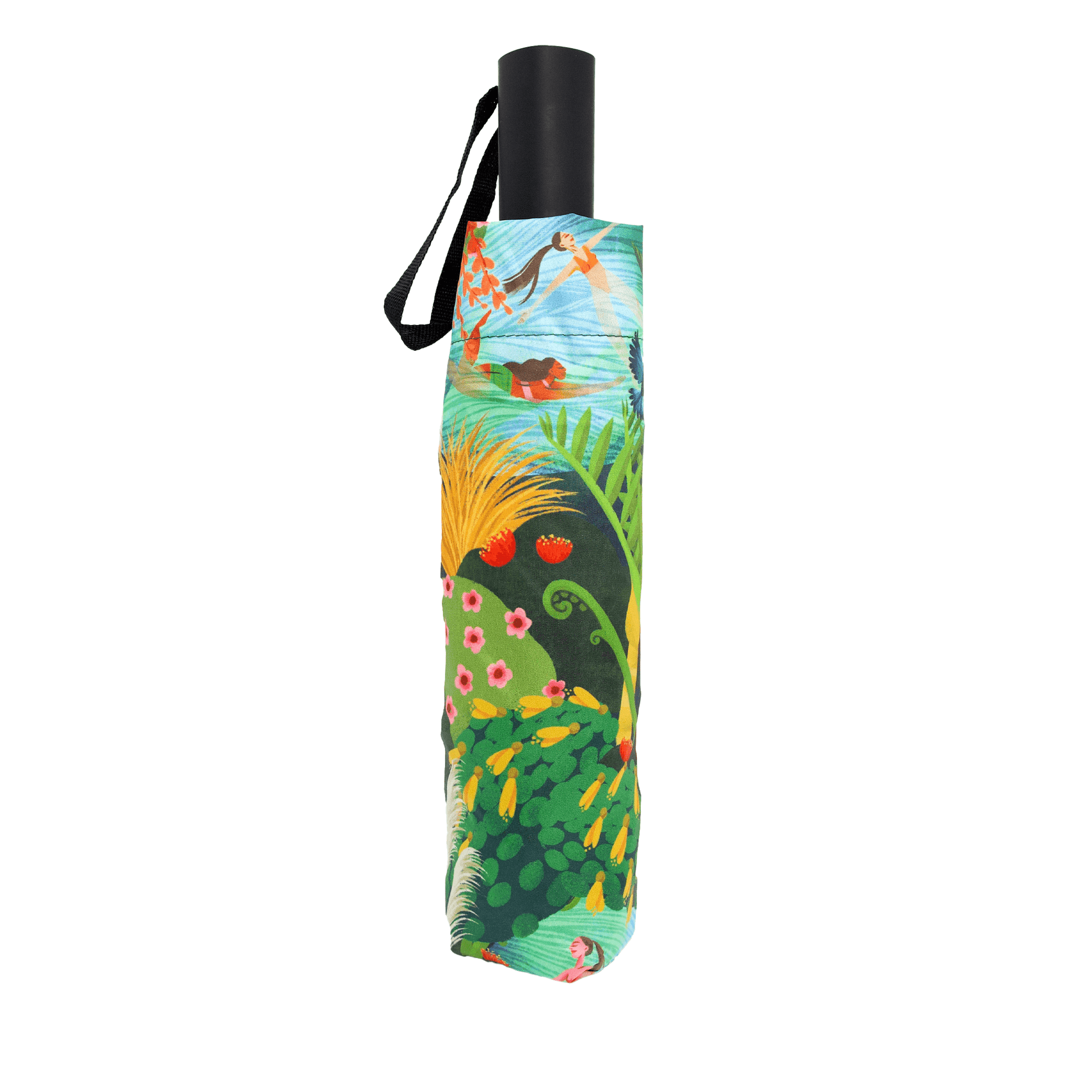 Umbrella closed and in its storage pouch featuring the Wāhine in Water artwork. A bright river and native New Zealand forest scene with women swimming.