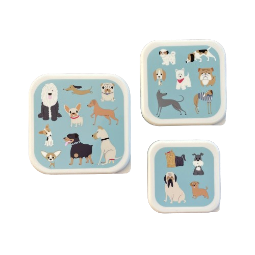 Trio of blue snack boxes with fun cartoon dogs printed on the lids.