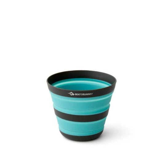 Aqua Blue Sea to Summit collapsible cup with black bands.