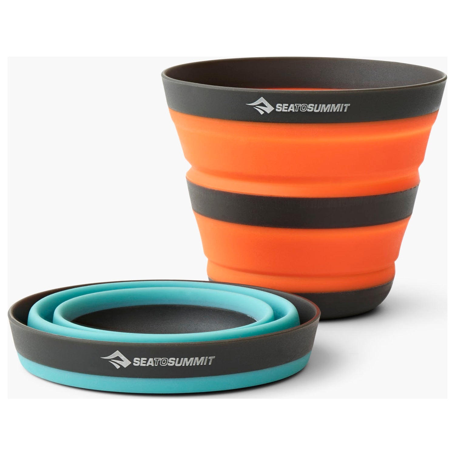 Sea to Summit collapsible mugs in orange and blue. The blue one is collapsed down while the orange is ready to use.