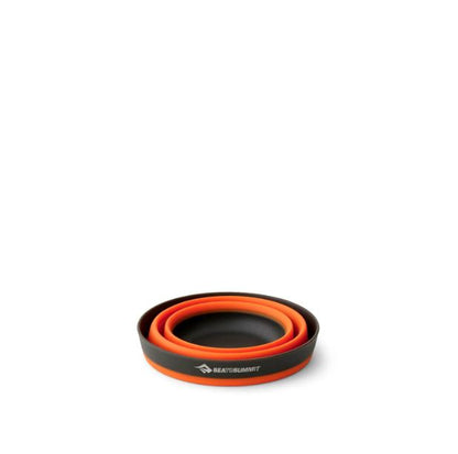 Orange Sea to Summit collapsible cup with black bands. Collapsed down for storage.