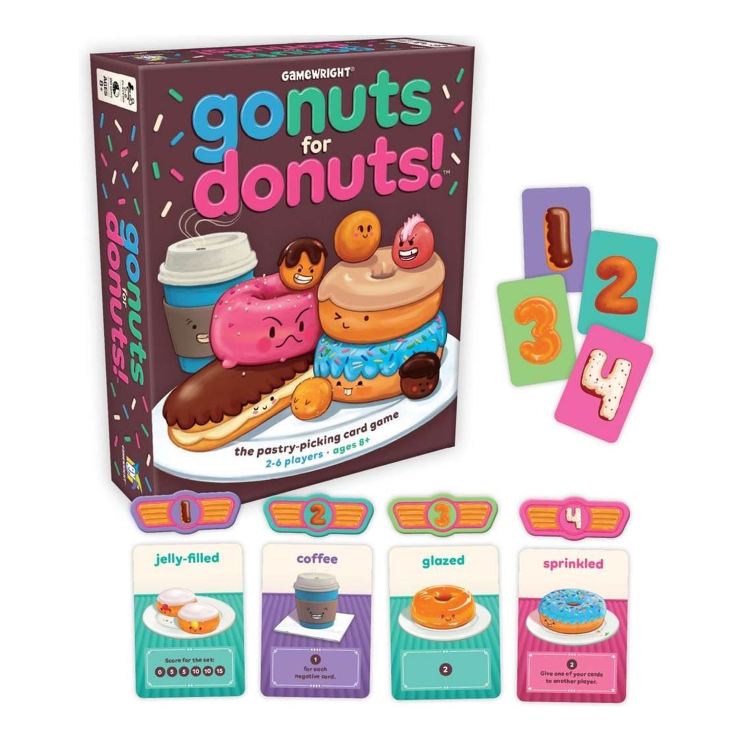 Pictures of some of the cards of the Gonuts for Donuts card game.