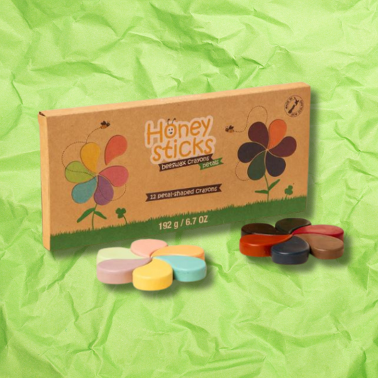 Cardboard box with mutli coloured petal shaped crayons for kids.