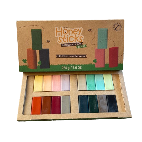 Cardboard pack of 16 multicoloured block crayons by Honeysticks.