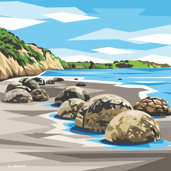 Art print by Ira Mitchell. Geometric style image featuring the boulders on the beach at Moeraki in New Zealand.