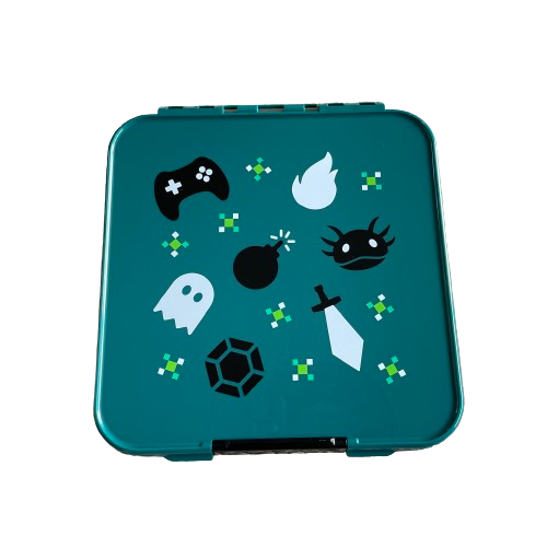 Teal green lunchbox with a black and white retro gamer print on the lid.