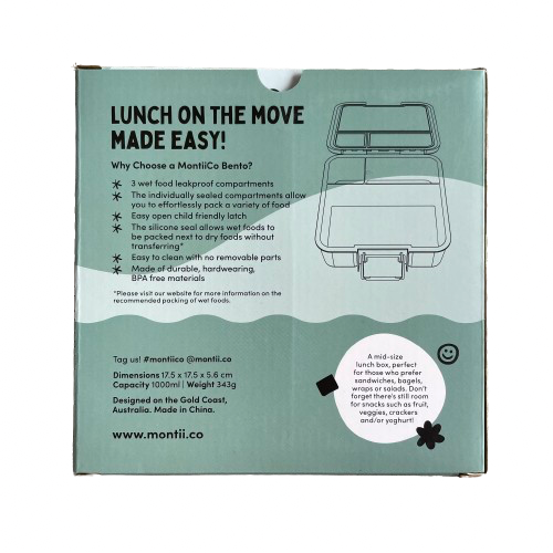 Back of the packaging from a Montii Co Bento Three lunchbox.