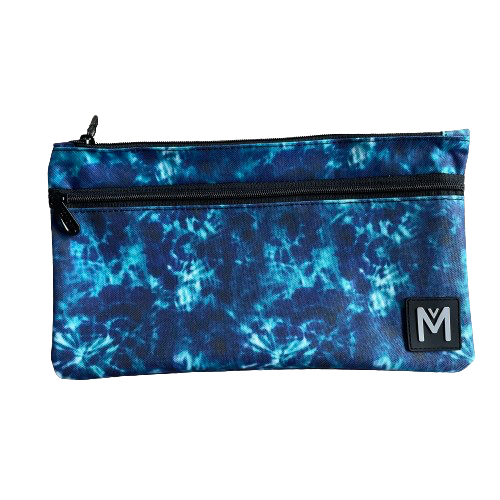 Blue tie dye print pencil case with 2 black zipper compartments by MontiiCo.