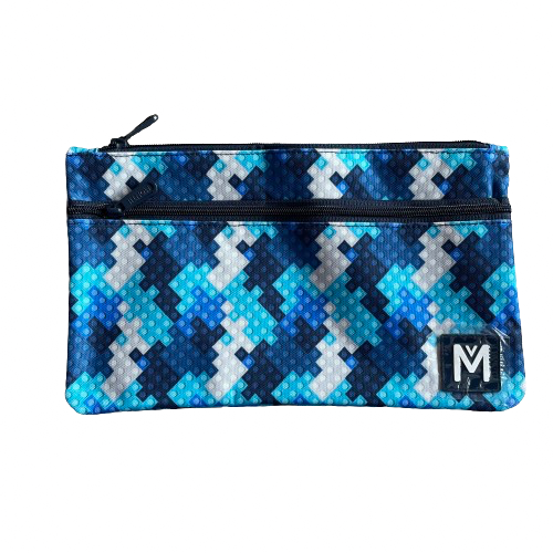 MontiiCo pencil case in a blue block print with a front zip as well as tip zip opening.