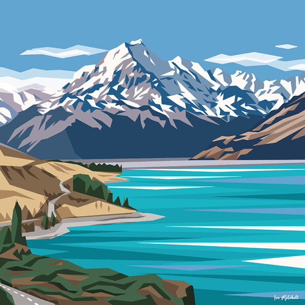 Art print by Ira Mitchell. Geometric style image featuring a snow capped Mt Cook in the background with a bright blue Lake Pukaki in the foreground.