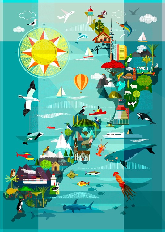 Colourful artwork by Ellen Giggenbach featuring a bloue background with a map of New Zealand and covered in iconic landmarks and animals.