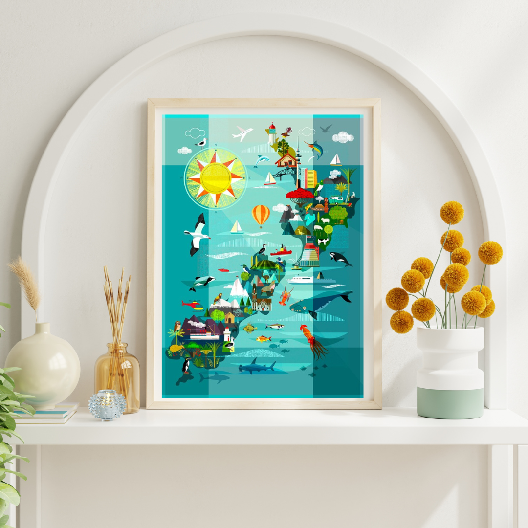 Colourful artwork by Ellen Gigenbach featuring a bloue background with a map of New Zealand and covered in iconic landmarks and animals. Sitting on a white side table in a curved alcove with vases either side.