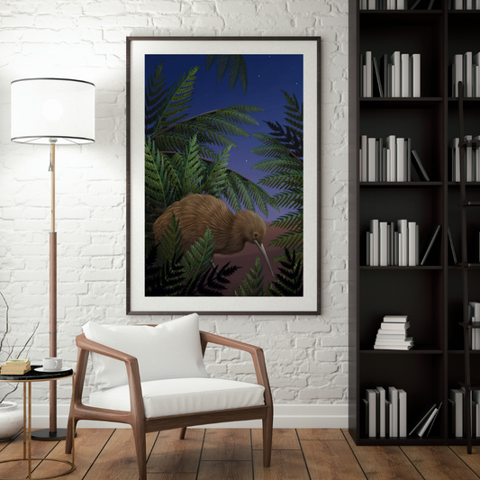 Large portrait piece of artwork featuring a night scene with Punga ferns and a large brown kiwi. Hanging on a white brick wall with in between a tall white lamp and a black bookshelf.