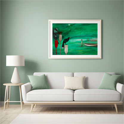 Art print by Kathryn Furniss. Green blue background of a stormy sky and sea. Three canoes tied to poles on the right and three native birds perched on top of paddles on the left. Framed in a white frame and border on a grey wall above a white sofa with a white table and lamp to the left.