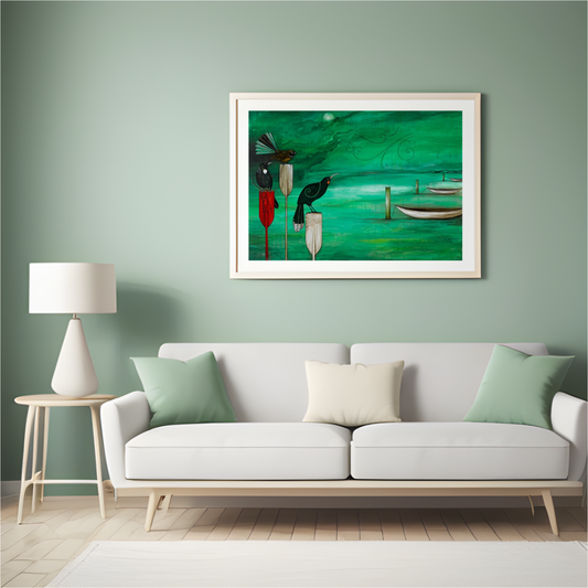 Art print by Kathryn Furniss. Green blue background of a stormy sky and sea. Three canoes tied to poles on the right and three native birds perched on top of paddles on the left. Framed in a white frame and border on a grey wall above a white sofa with a white table and lamp to the left.