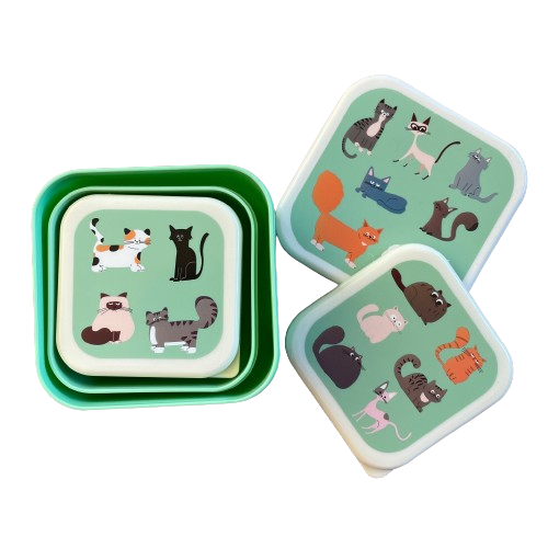 Trio of mint green stacking snack boxes with cute cartoon cats printed on each lid.