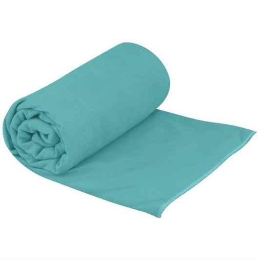 Sea to Summit Drylite towel in Baltic Blue colour, rolled up against a white background.