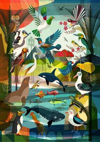 Colourful artwork by Ellen Gigenbach featuring animals of New Zealand from sea to sky.