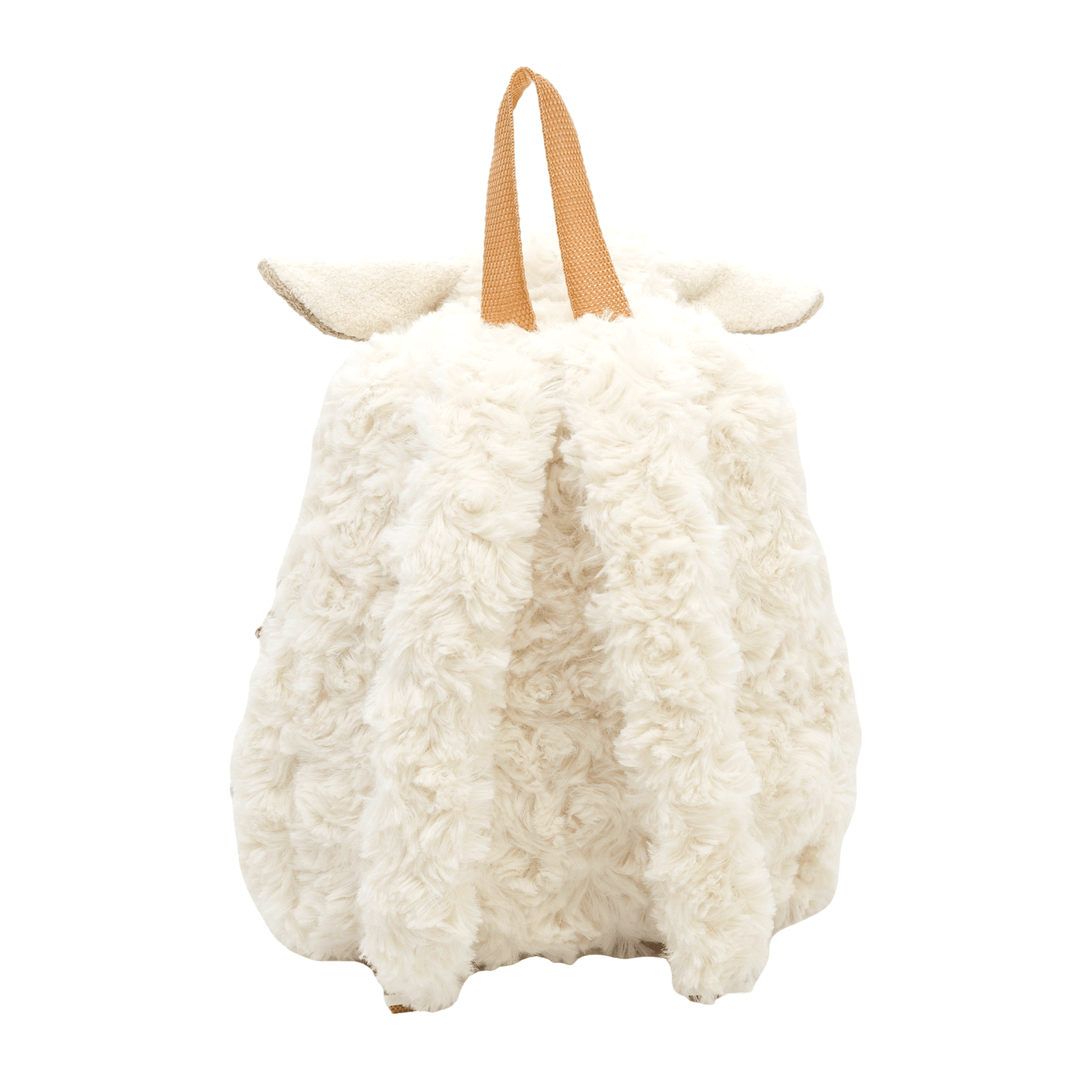 Back of a cute fluffy white sheep backback for kids. Showing the fluffy straps and the brown handle.