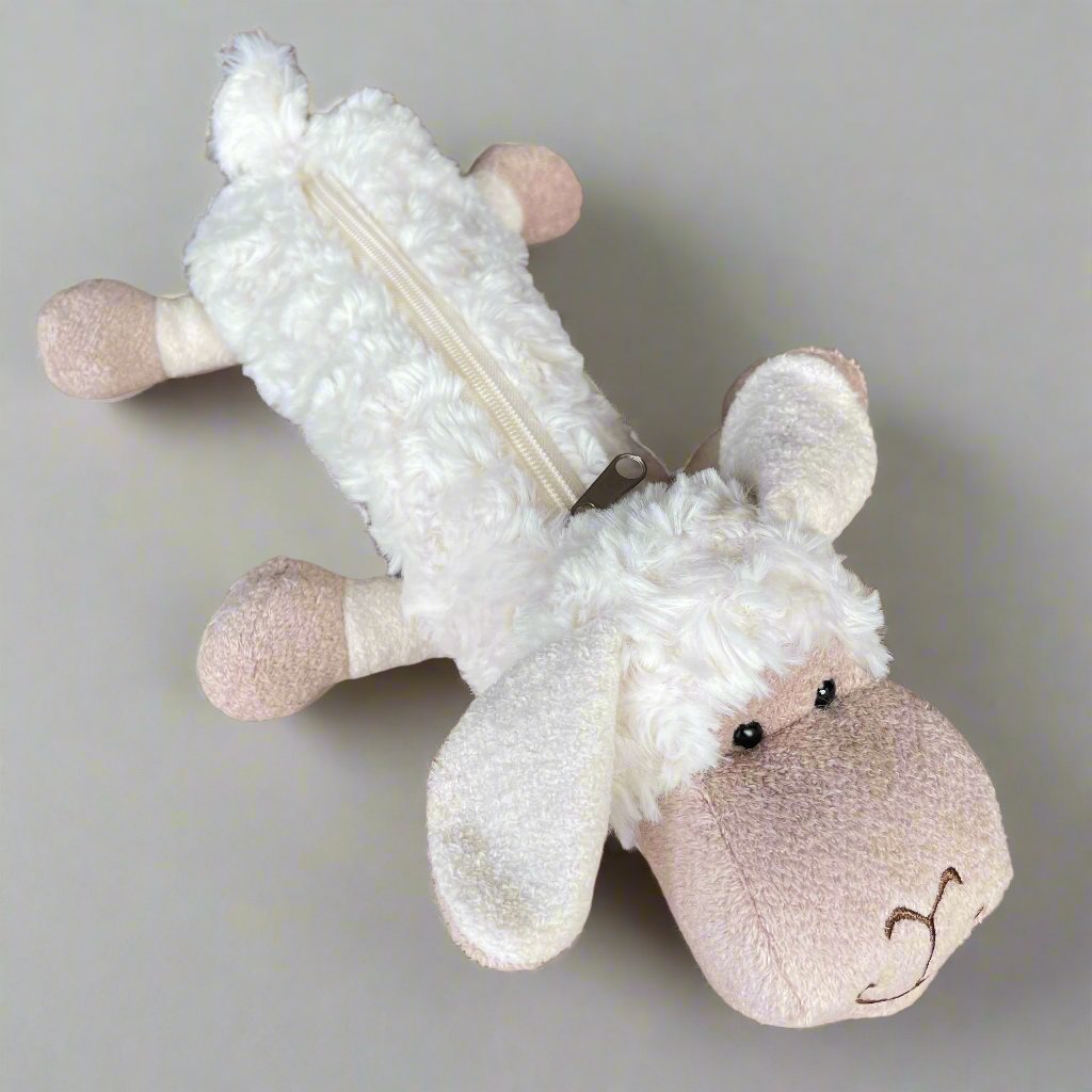 Cute fluffy white sheep pencil case with zipper on its back.