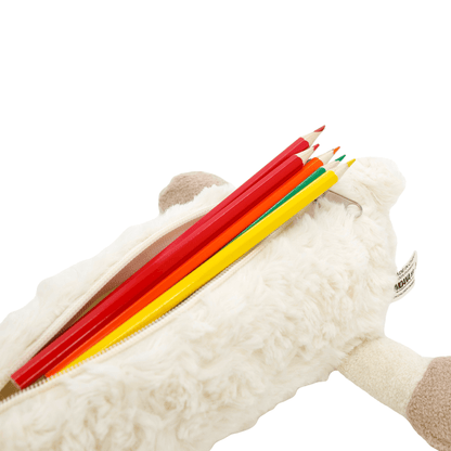 Set of coloured pencils sticking out of a fluffy white sheep pencil case.