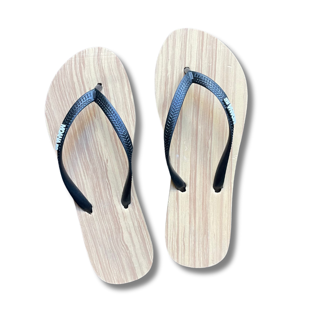 A pair of woodgrain look slim fit jandals with black straps on a white background.