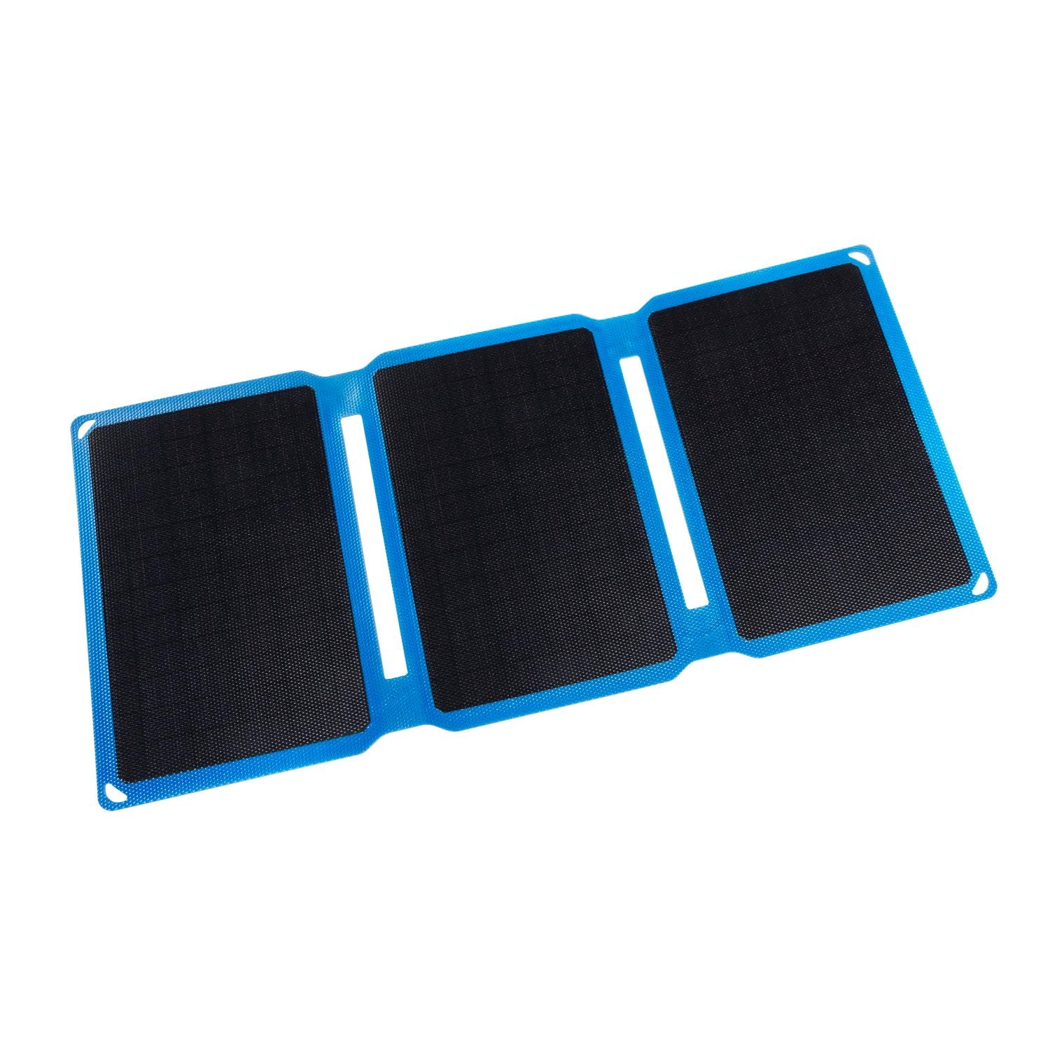 Folding 3 piece portable solar panel laid out to show all 3 panels.