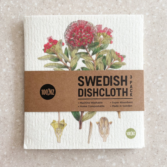 A 3 pack of Swedish dishcloths. The top one features a Northern Rata flower.