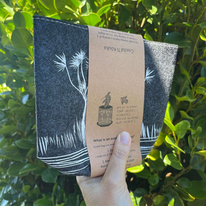 Persons hand holding a dark grey felt plant eco plant pot with white Ti Kouka tree printed on it, folded up in a cardboard sleeve.