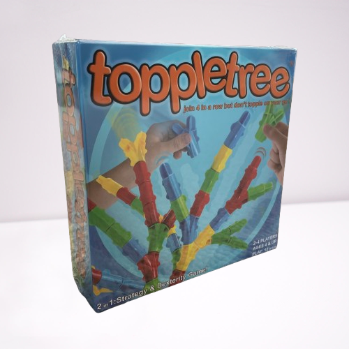 Toppletree game in a square blue box with a picture of kids hands playing with the block pieces. 