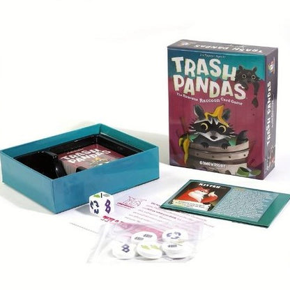 A picture of the inside of the box of the Trash Pandas card game