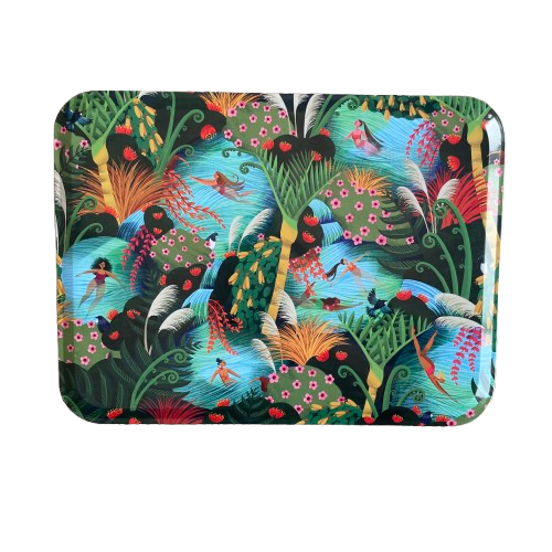 Beautiful rectangle tin depicting artwork called Wahine in Water. A bright river and forest scene with native NZ birds and trees and women swimming.