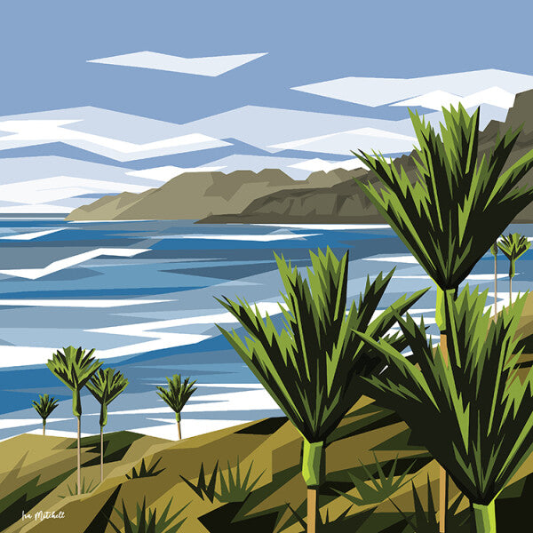 Art print by Ira Mitchell. In a geometric style, this print depicts a New Zealand West Coast with 7 Nikau plam trees on the foreshore.