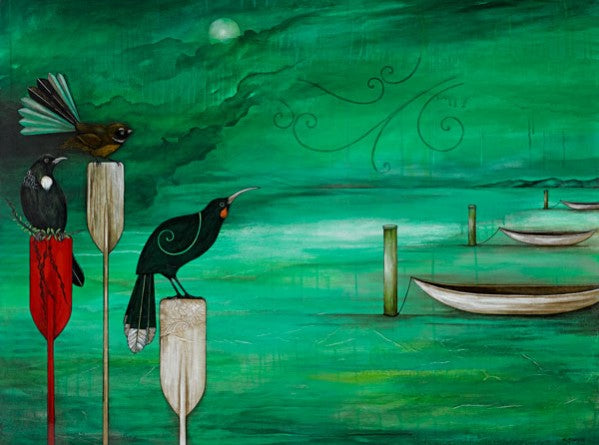 Art print by Kathryn Furniss. Green blue background of a stormy sky and sea. Three canoes tied to poles on the right and three native birds perched on top of paddles on the left.