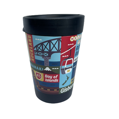 Reusable coffee cup in black with artist images of New Zealand towns wrapped around it.