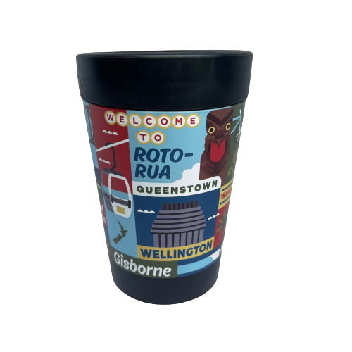 Reusable coffee cup in black with artist images of New Zealand towns wrapped around it.