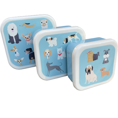 Trio of blue snack boxes with fun cartoon dogs printed on the lids.