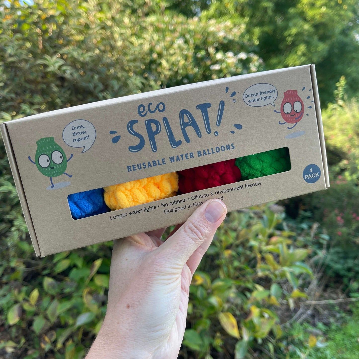 Eco splat reusable water balloons in box packaging.