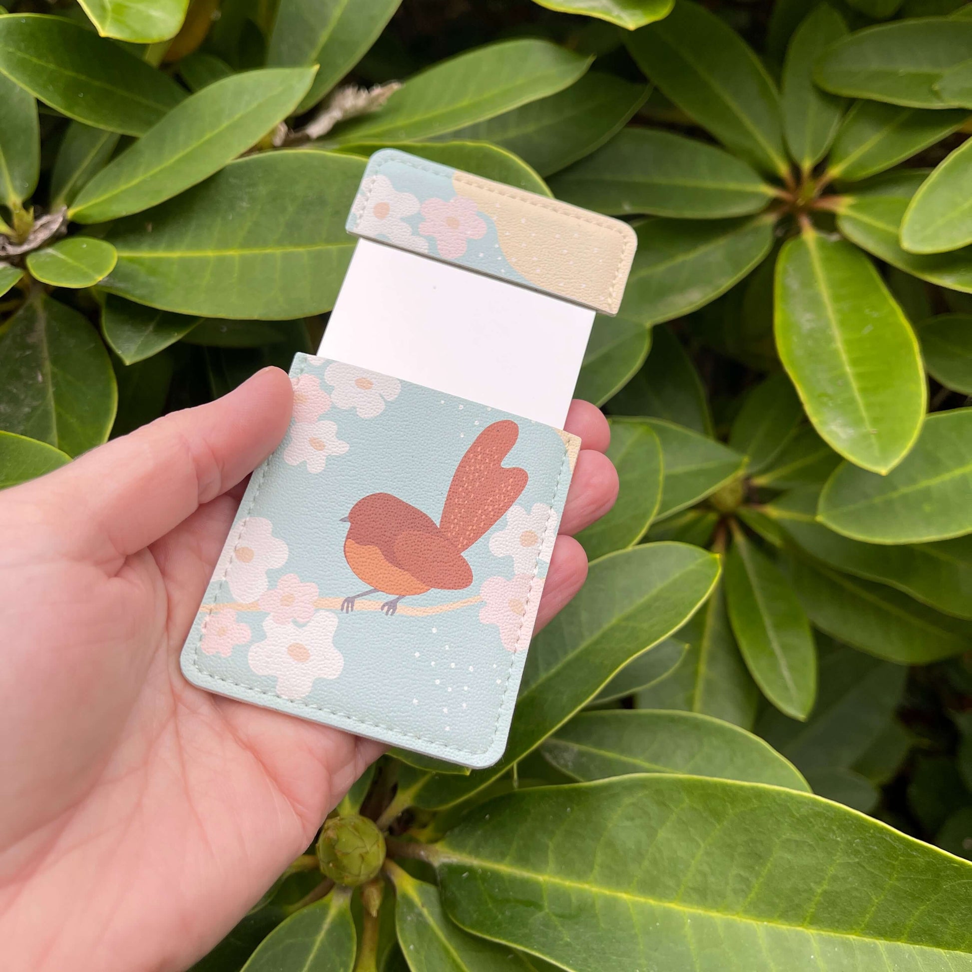 Pocket Mirror - Cut-out Fantail with light blue hues.