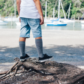 Grey merino knee high socks.