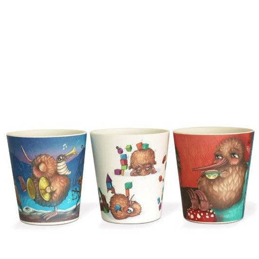 3 piece bamboo kids cup set featuring images of the Kuwi and friends characters.