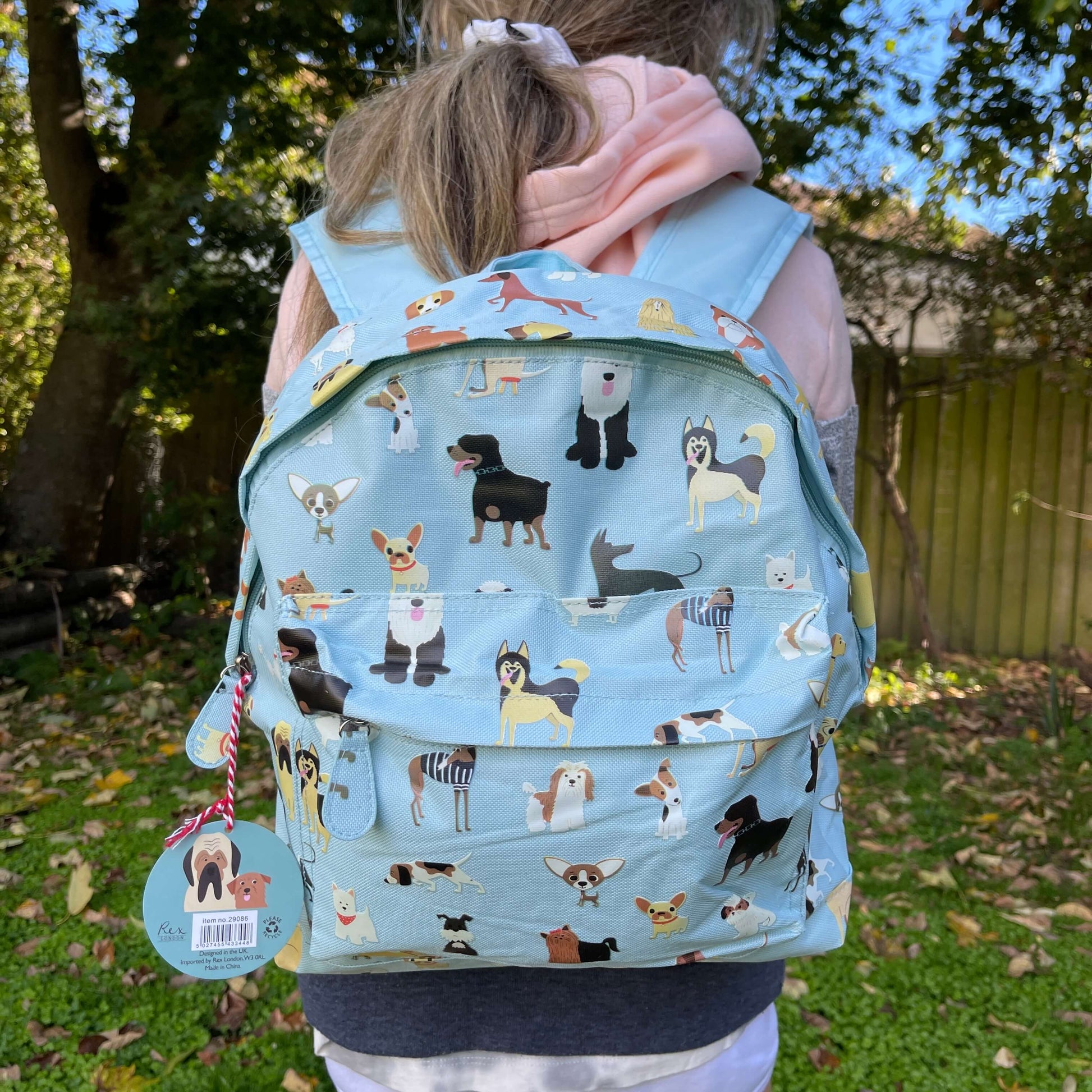 Girl wearing a pale blue backpack with various dogs printed on it.